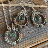 Rainbow Jasper Moss Agate Jewelry Set – Silver Hoop Earrings, Pendant Necklace