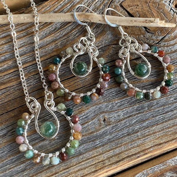 Rainbow Jasper Moss Agate Jewelry Set – Silver Hoop Earrings, Pendant Necklace