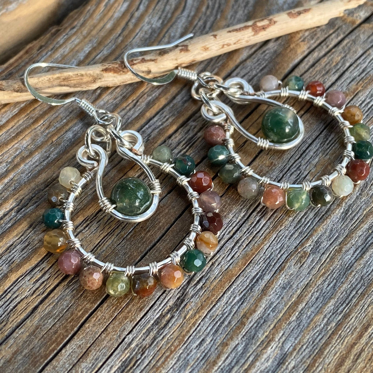 Rainbow Jasper Moss Agate Jewelry Set – Silver Hoop Earrings, Pendant Necklace