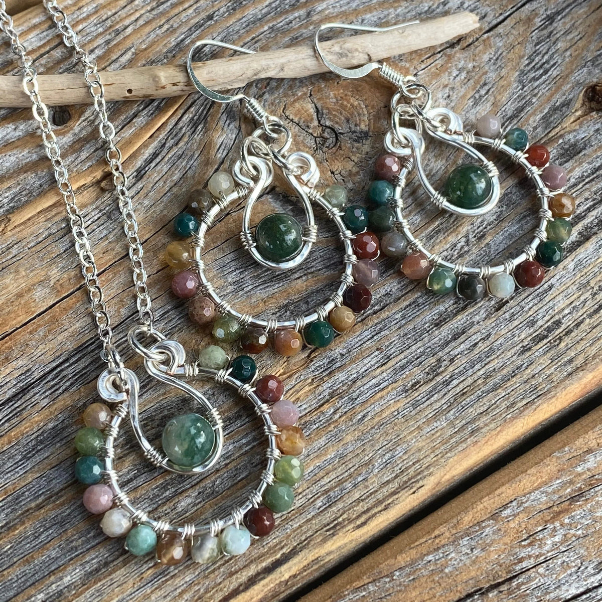 Rainbow Jasper Moss Agate Jewelry Set – Silver Hoop Earrings, Pendant Necklace