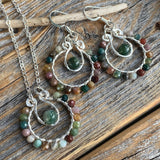 Rainbow Jasper Moss Agate Jewelry Set – Silver Hoop Earrings, Pendant Necklace