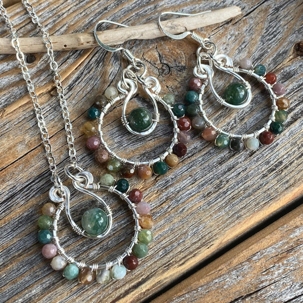 Rainbow Jasper Moss Agate Jewelry Set – Silver Hoop Earrings, Pendant Necklace