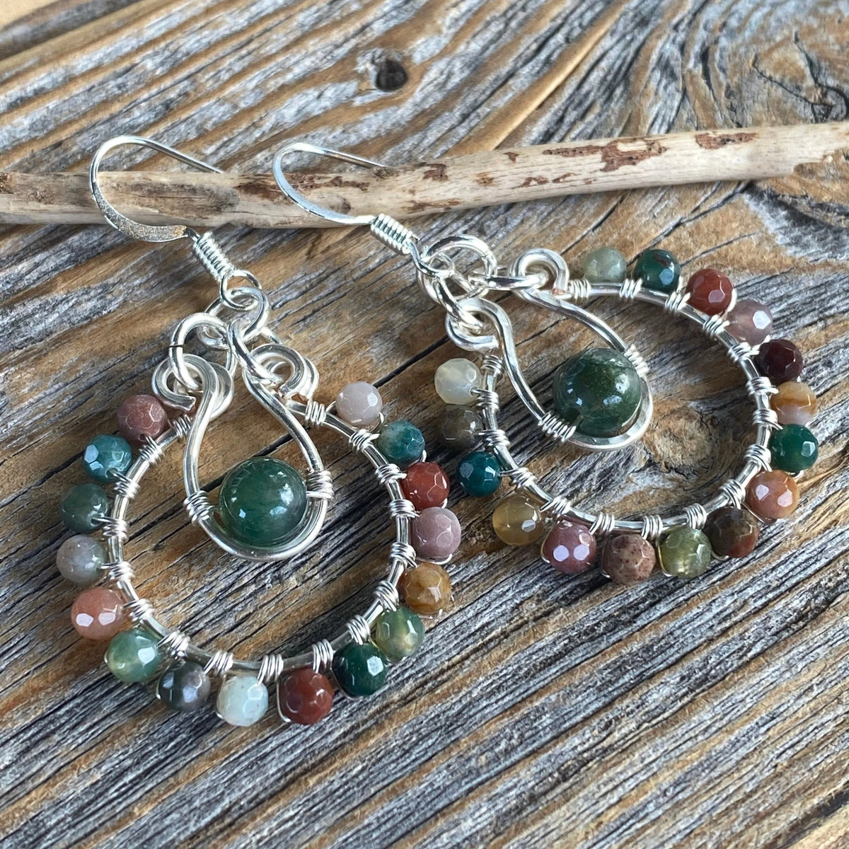 Rainbow Jasper Moss Agate Jewelry Set – Silver Hoop Earrings, Pendant Necklace