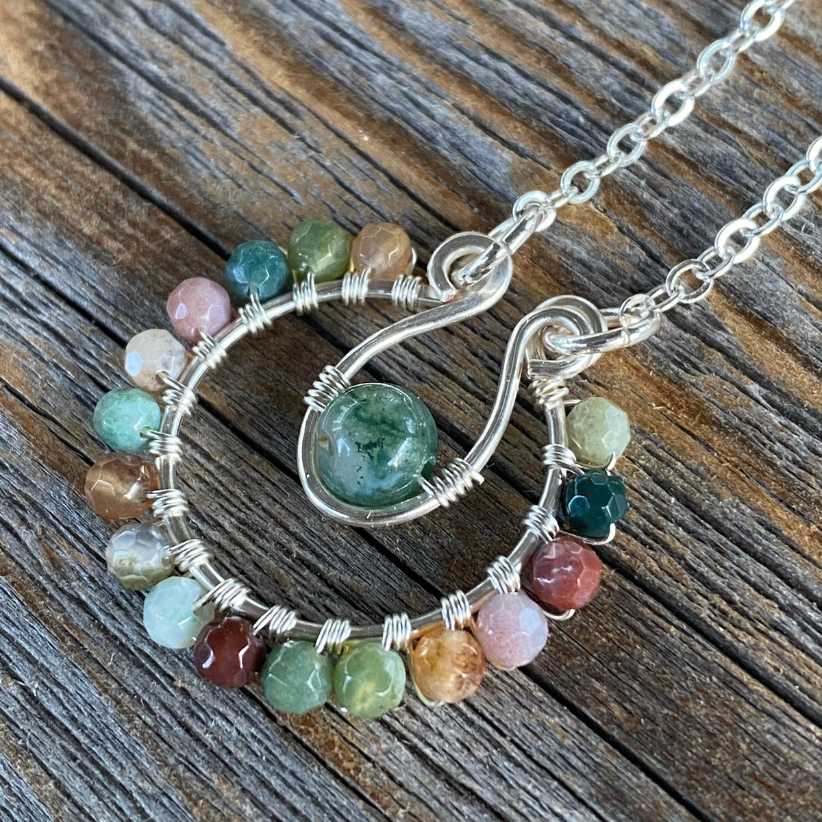Rainbow Jasper Moss Agate Jewelry Set – Silver Hoop Earrings, Pendant Necklace