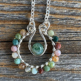 Rainbow Jasper Moss Agate Jewelry Set – Silver Hoop Earrings, Pendant Necklace