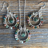 Rainbow Jasper Moss Agate Jewelry Set – Silver Hoop Earrings, Pendant Necklace