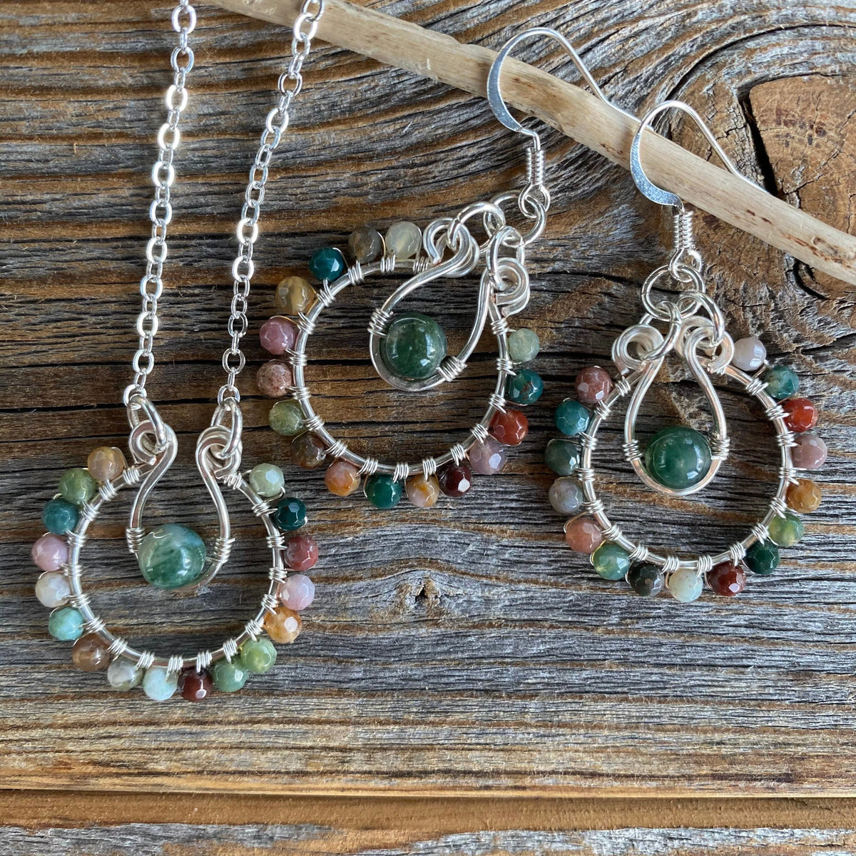Rainbow Jasper Moss Agate Jewelry Set – Silver Hoop Earrings, Pendant Necklace