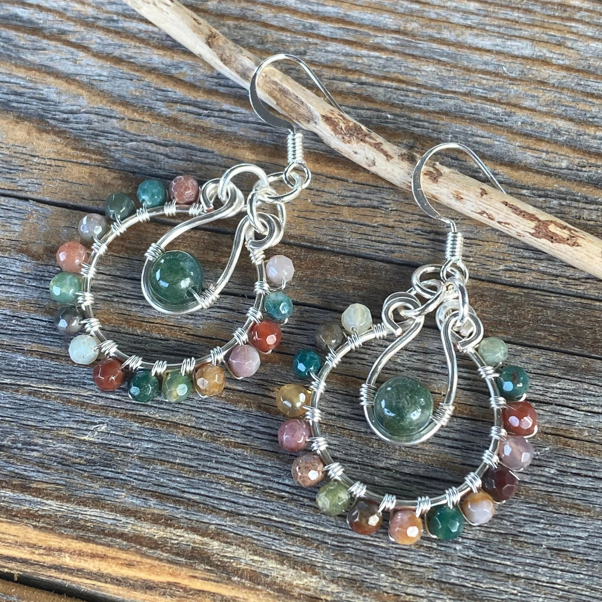 Rainbow Jasper Moss Agate Jewelry Set – Silver Hoop Earrings, Pendant Necklace