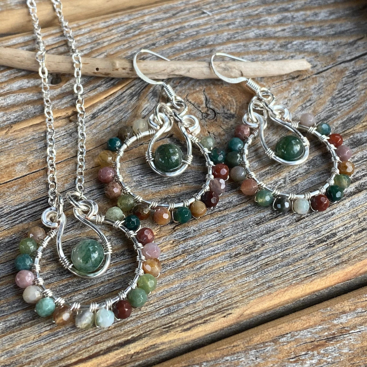 Rainbow Jasper Moss Agate Jewelry Set – Silver Hoop Earrings, Pendant Necklace