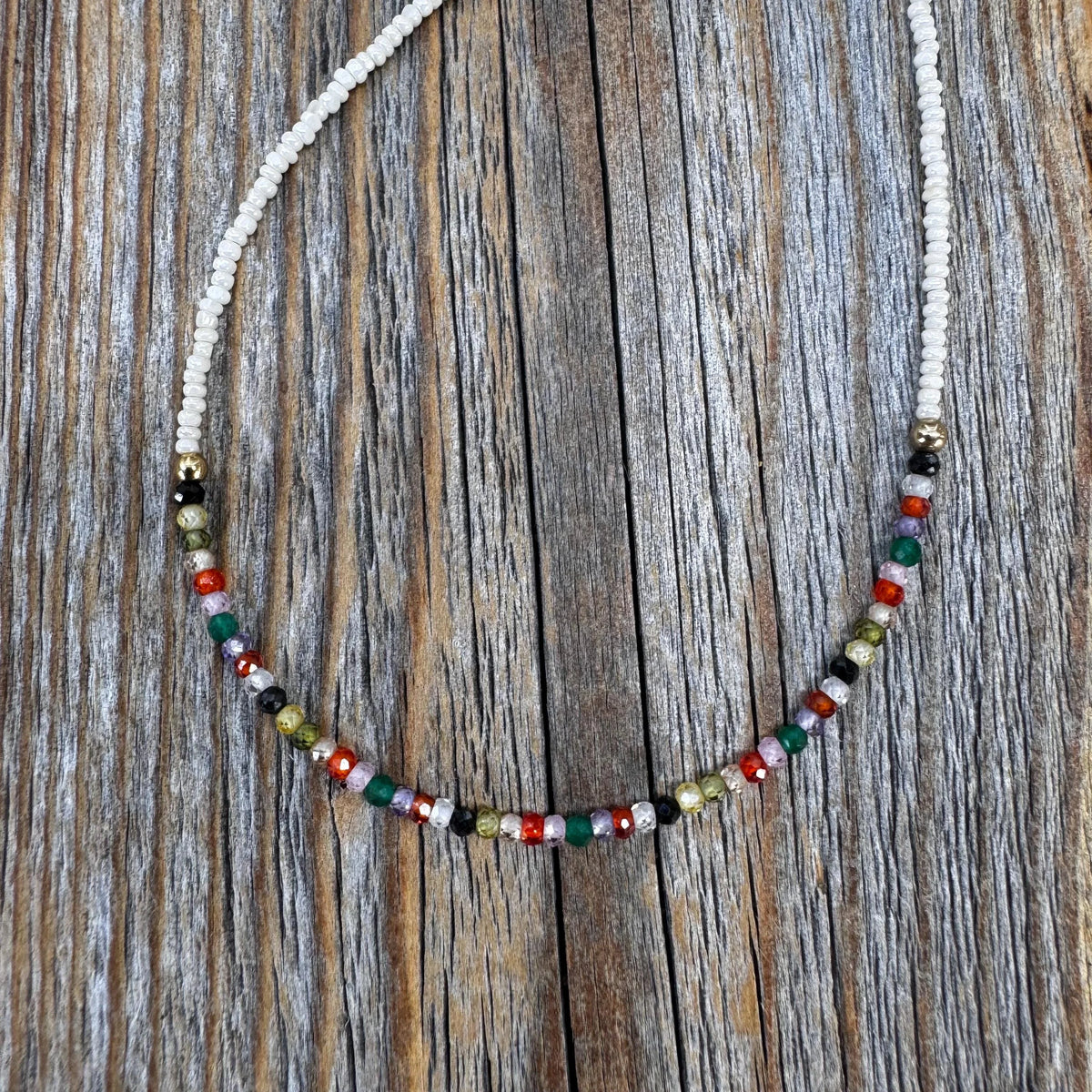 Rainbow Zircon Beaded Necklace – 10K Gold Clasp Minimalist Jewelry