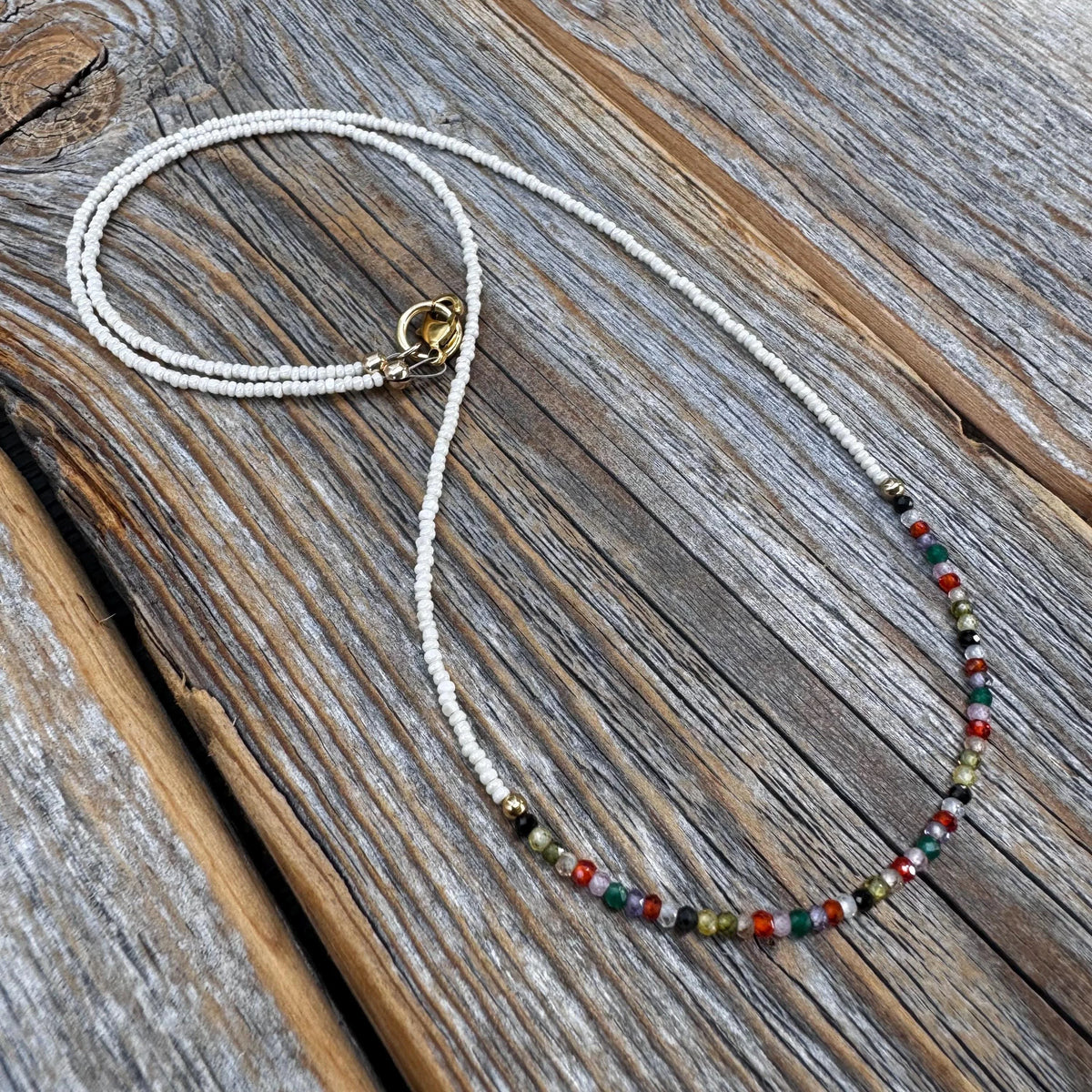 Rainbow Zircon Beaded Necklace – 10K Gold Clasp Minimalist Jewelry