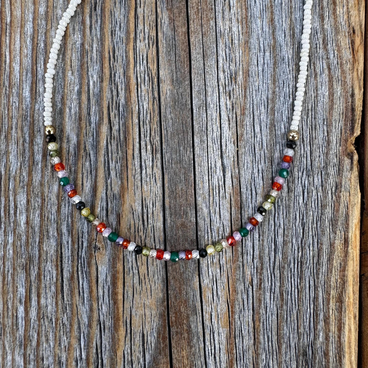 Rainbow Zircon Beaded Necklace – 10K Gold Clasp Minimalist Jewelry