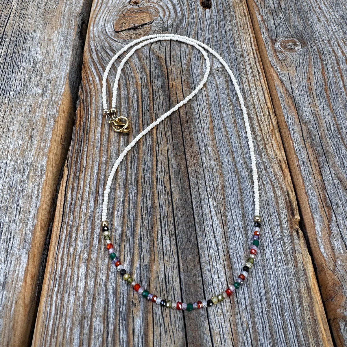 Rainbow Zircon Beaded Necklace – 10K Gold Clasp Minimalist Jewelry