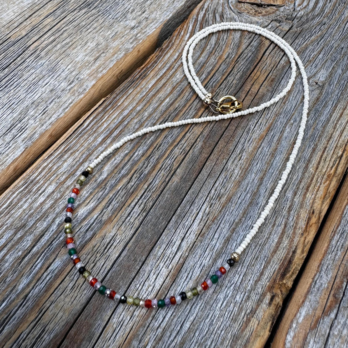 Rainbow Zircon Beaded Necklace – 10K Gold Clasp Minimalist Jewelry