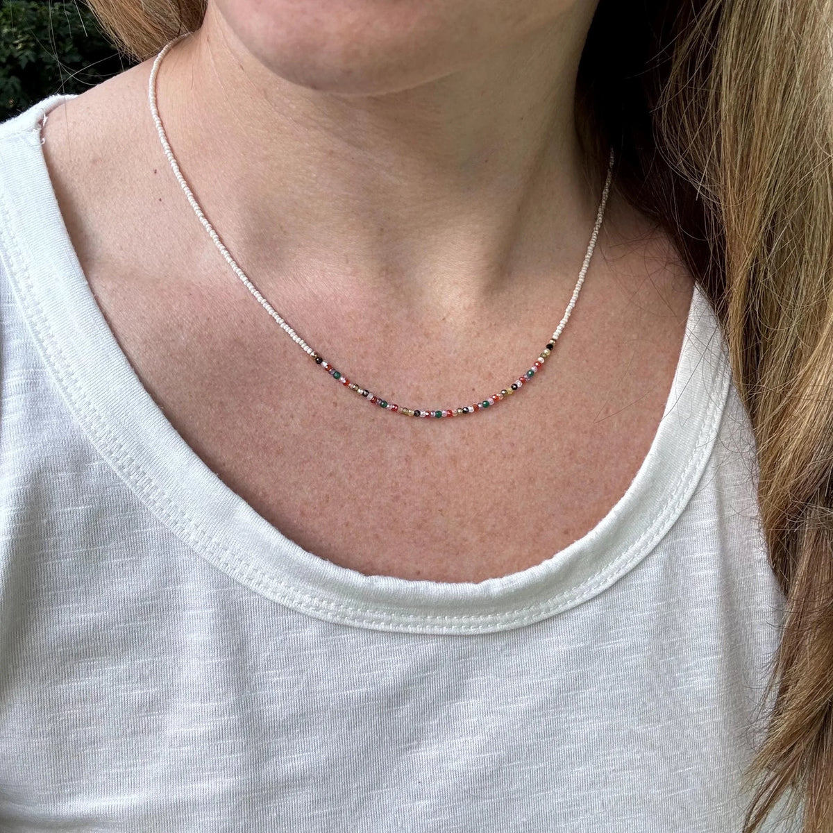 Rainbow Zircon Beaded Necklace – 10K Gold Clasp Minimalist Jewelry