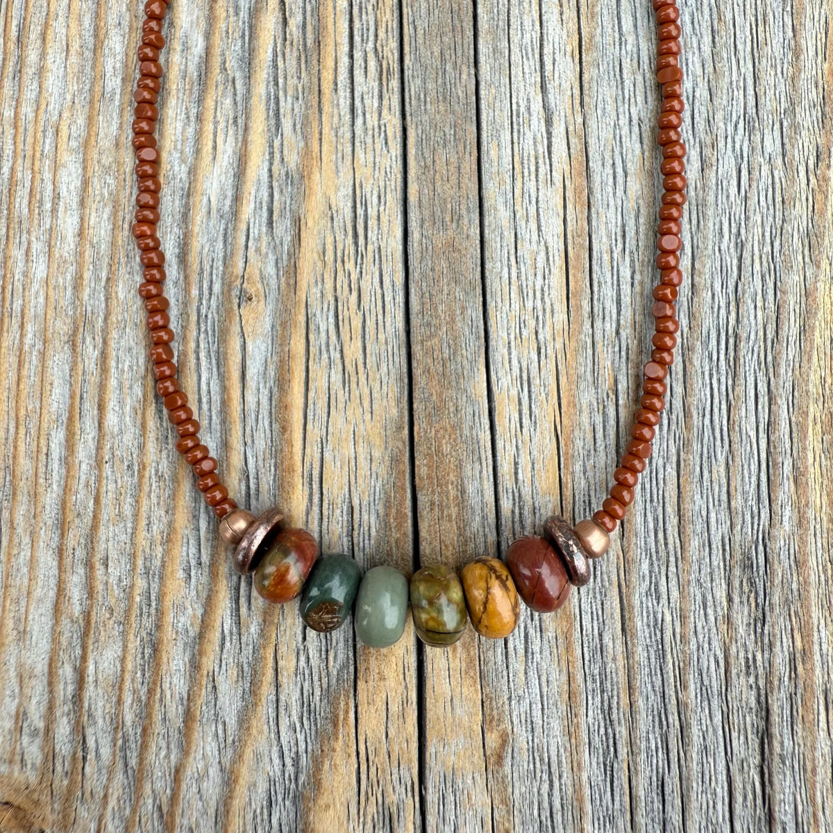 Red Creek Jasper Beaded Choker, Copper Accents, Handmade Boho Necklace