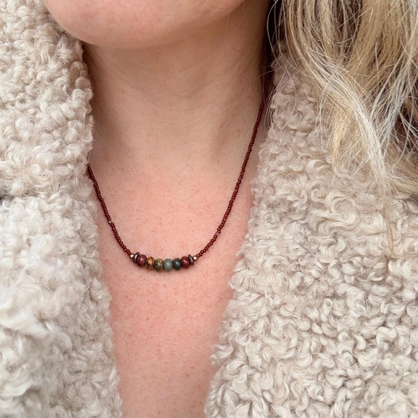 Red Creek Jasper Beaded Choker, Copper Accents, Handmade Boho Necklace
