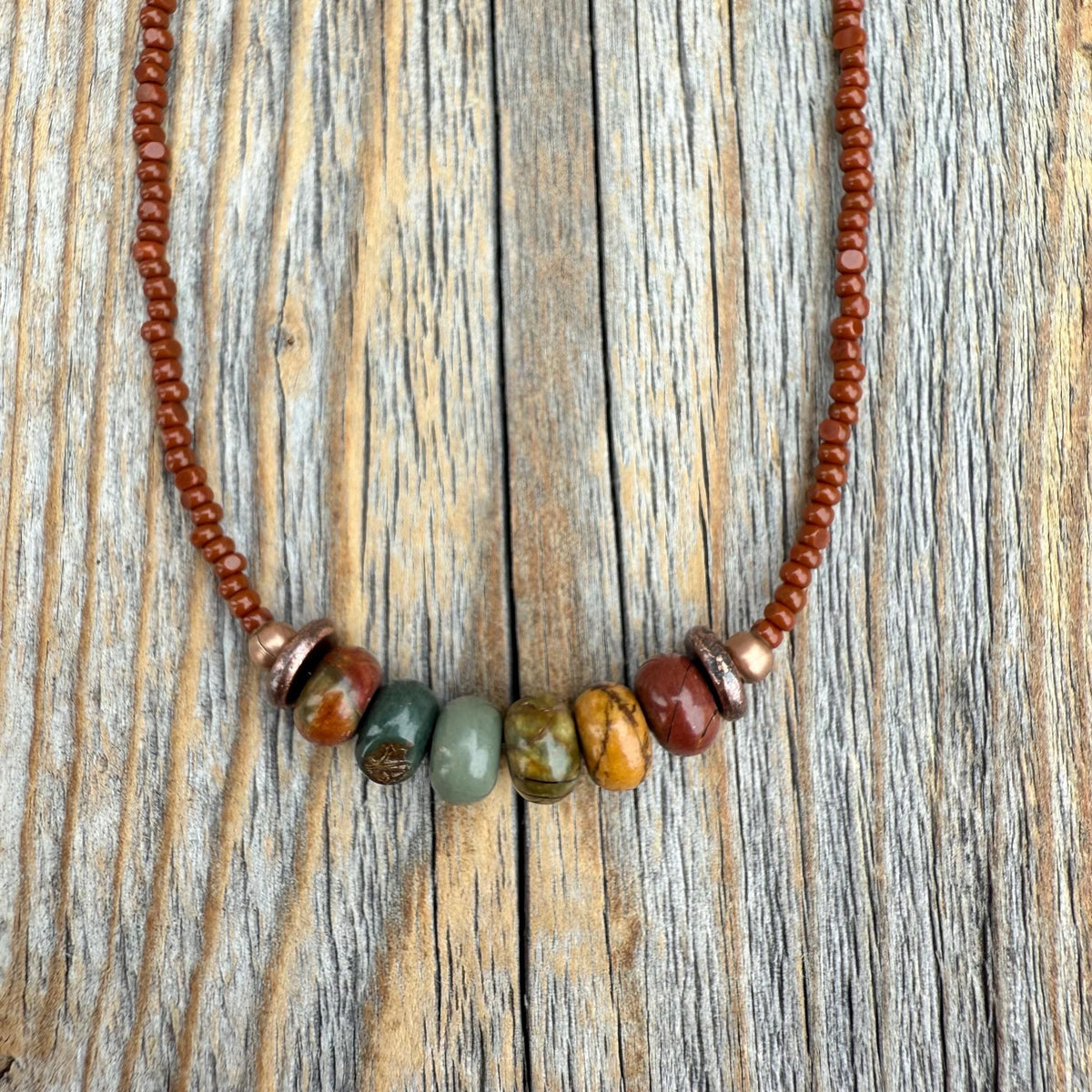 Red Creek Jasper Beaded Choker, Copper Accents, Handmade Boho Necklace