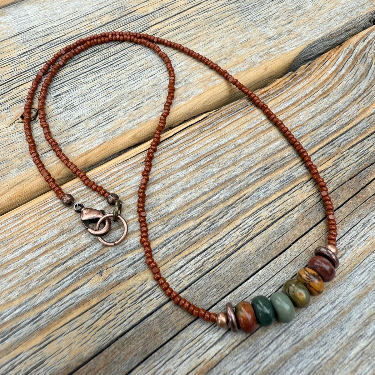 Red Creek Jasper Beaded Choker, Copper Accents, Handmade Boho Necklace