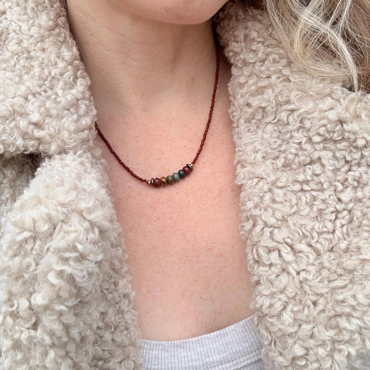 Red Creek Jasper Beaded Choker, Copper Accents, Handmade Boho Necklace