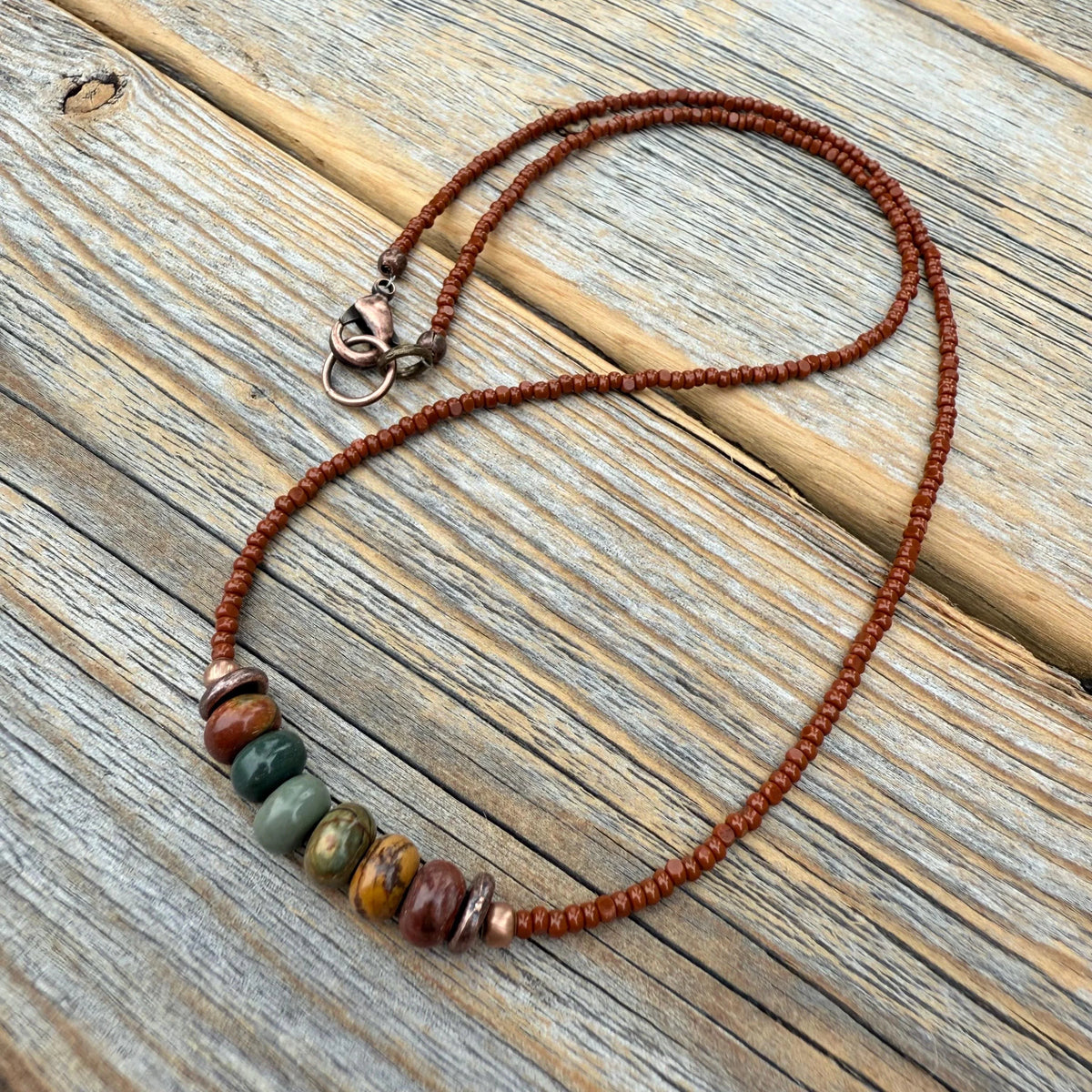 Red Creek Jasper Beaded Choker, Copper Accents, Handmade Boho Necklace