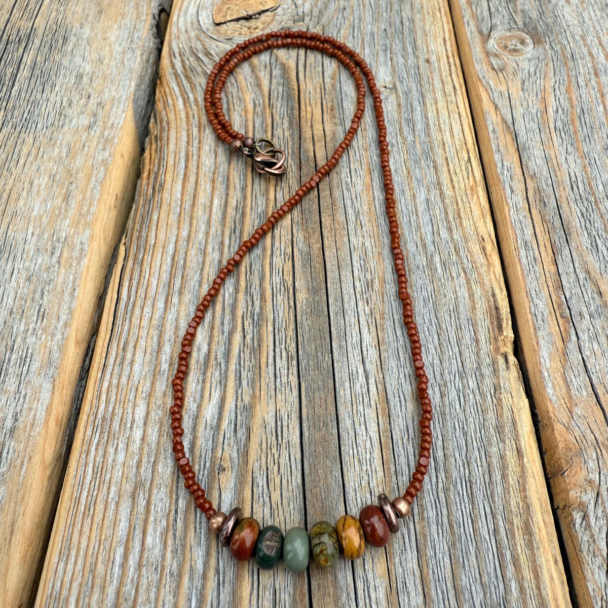Red Creek Jasper Beaded Choker, Copper Accents, Handmade Boho Necklace
