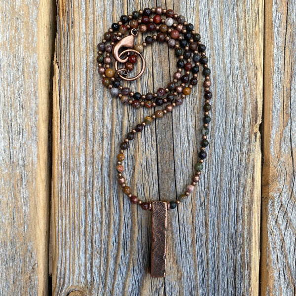 Red Creek Jasper Beaded Necklace, Antiqued Copper Pendant, Handmade