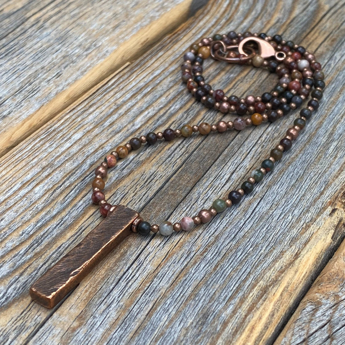 Red Creek Jasper Beaded Necklace, Antiqued Copper Pendant, Handmade