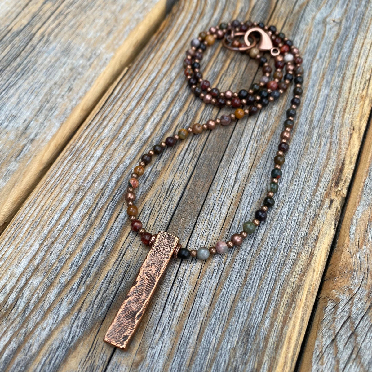 Red Creek Jasper Beaded Necklace, Antiqued Copper Pendant, Handmade