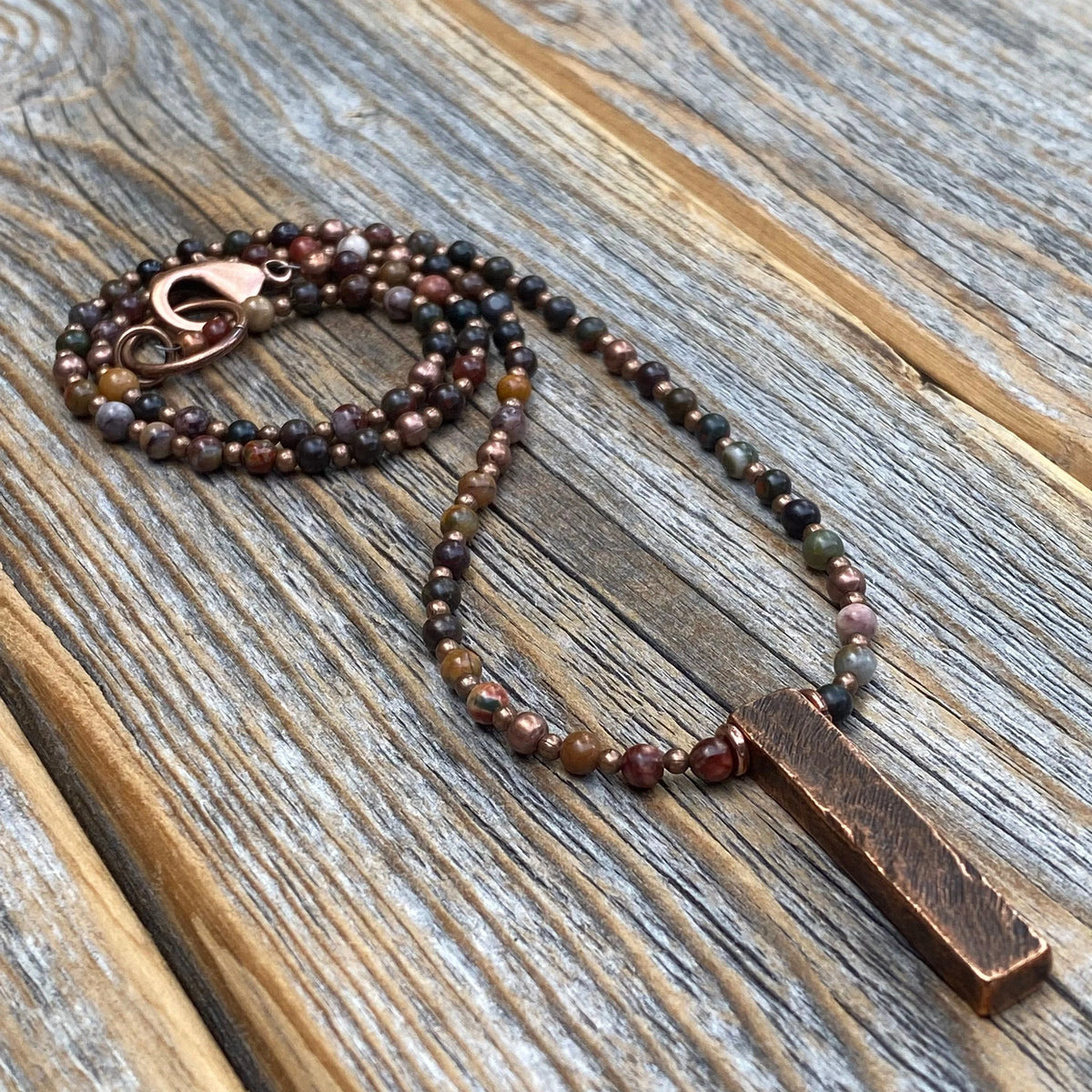 Red Creek Jasper Beaded Necklace, Antiqued Copper Pendant, Handmade