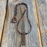 Red Creek Jasper Beaded Necklace, Antiqued Copper Pendant, Handmade