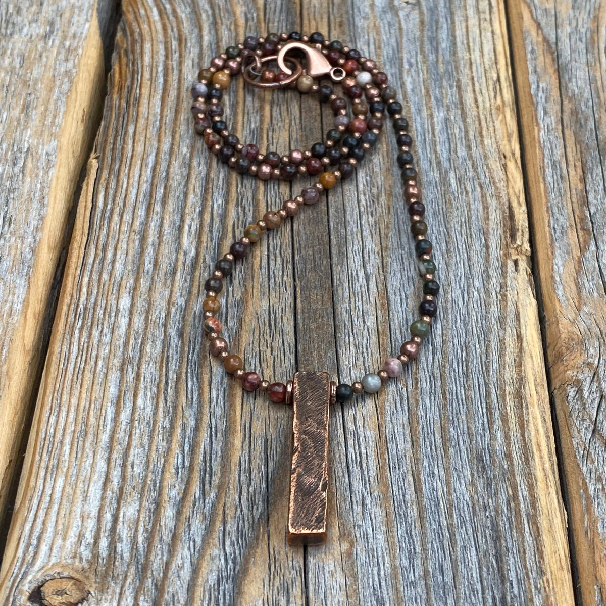 Red Creek Jasper Beaded Necklace, Antiqued Copper Pendant, Handmade