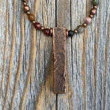 Red Creek Jasper Beaded Necklace, Antiqued Copper Pendant, Handmade