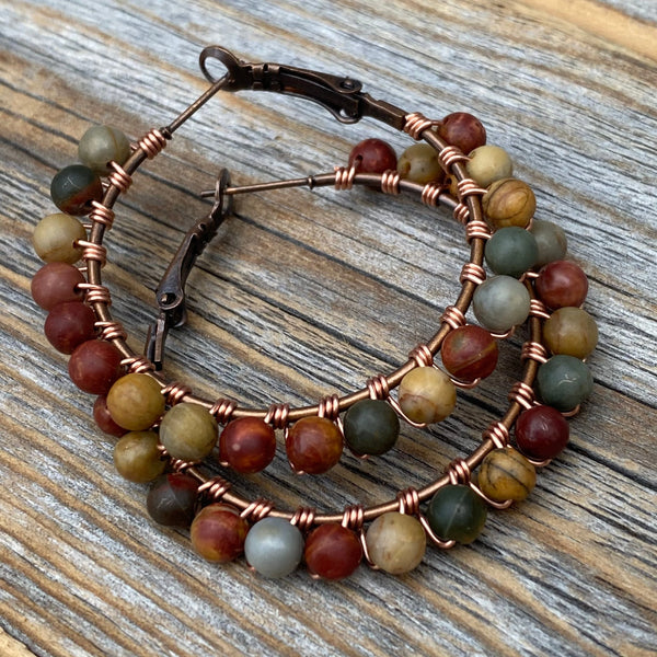 Red Creek Jasper Boho Hoop Earrings – Copper Wire Wrapped Jewelry