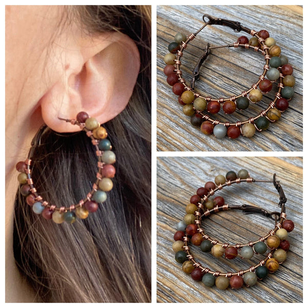 Red Creek Jasper Boho Hoop Earrings – Copper Wire Wrapped Jewelry