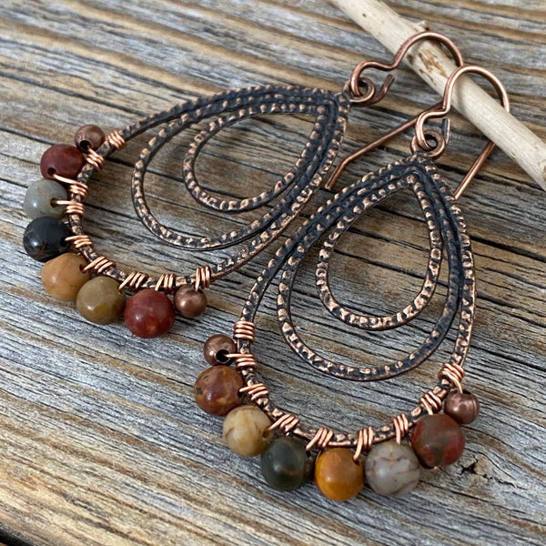 Red Creek Jasper Copper Earrings – Wire Wrapped Teardrop Boho Jewelry