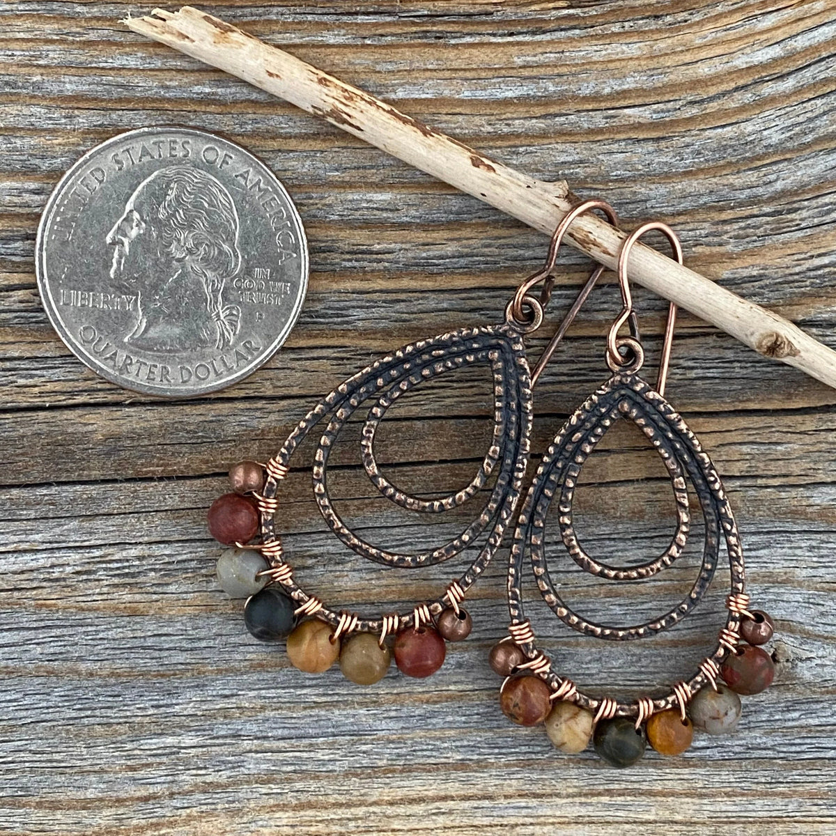 Red Creek Jasper Copper Earrings – Wire Wrapped Teardrop Boho Jewelry