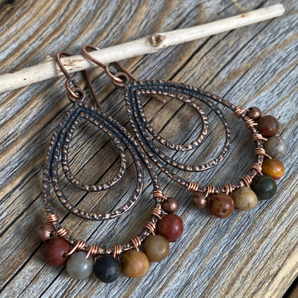 Red Creek Jasper Copper Earrings – Wire Wrapped Teardrop Boho Jewelry