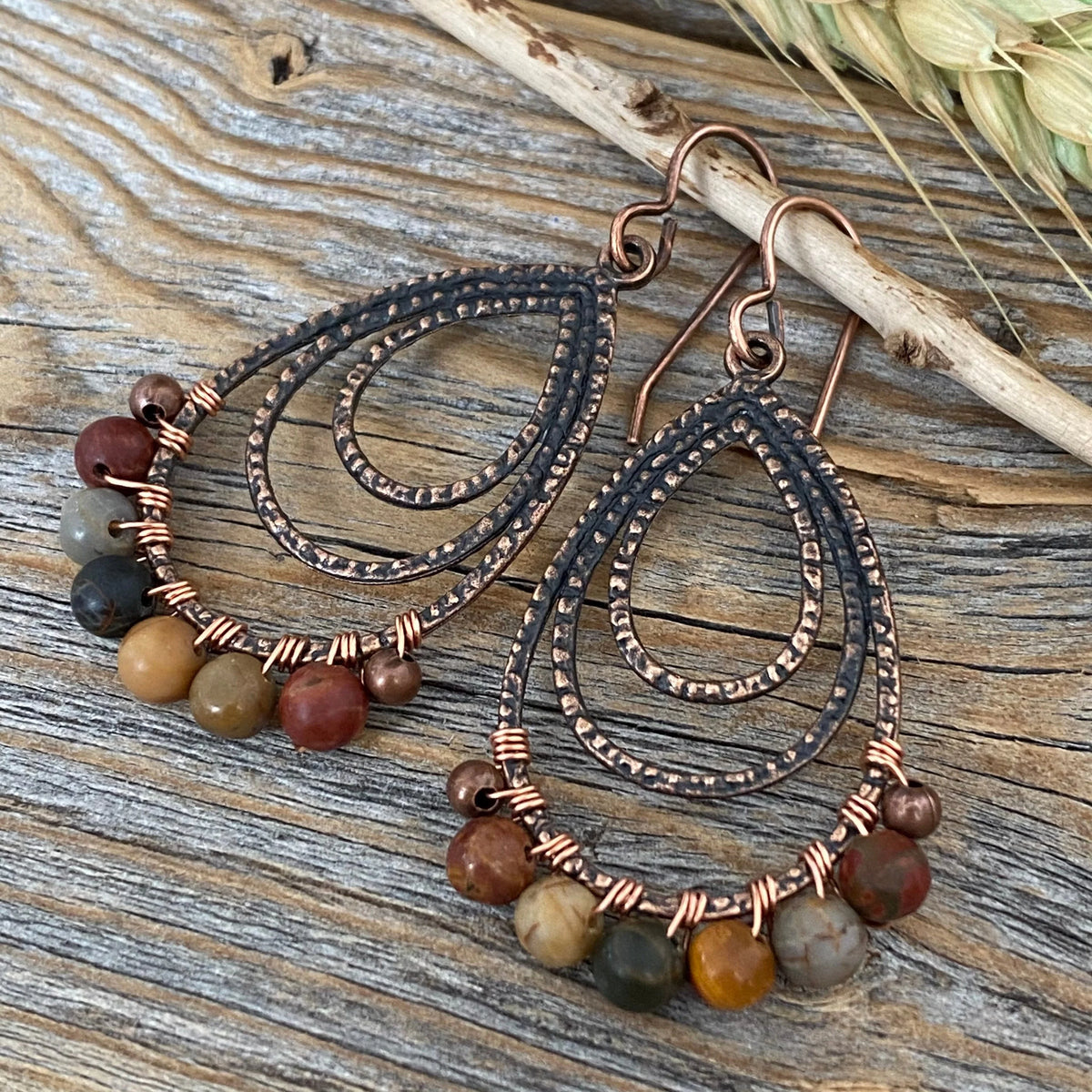 Red Creek Jasper Copper Earrings – Wire Wrapped Teardrop Boho Jewelry