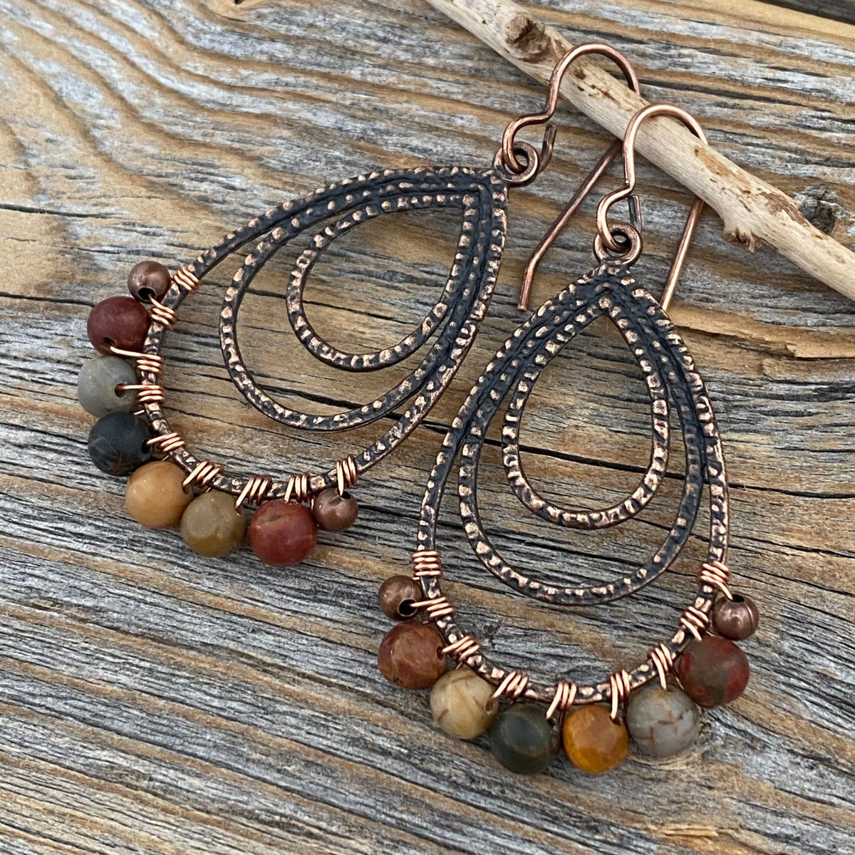 Red Creek Jasper Copper Earrings – Wire Wrapped Teardrop Boho Jewelry