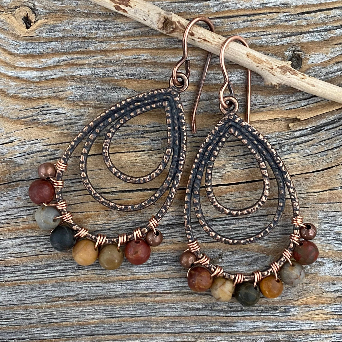 Red Creek Jasper Copper Earrings – Wire Wrapped Teardrop Boho Jewelry