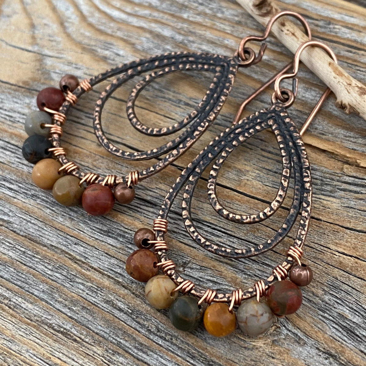 Red Creek Jasper Copper Earrings – Wire Wrapped Teardrop Boho Jewelry