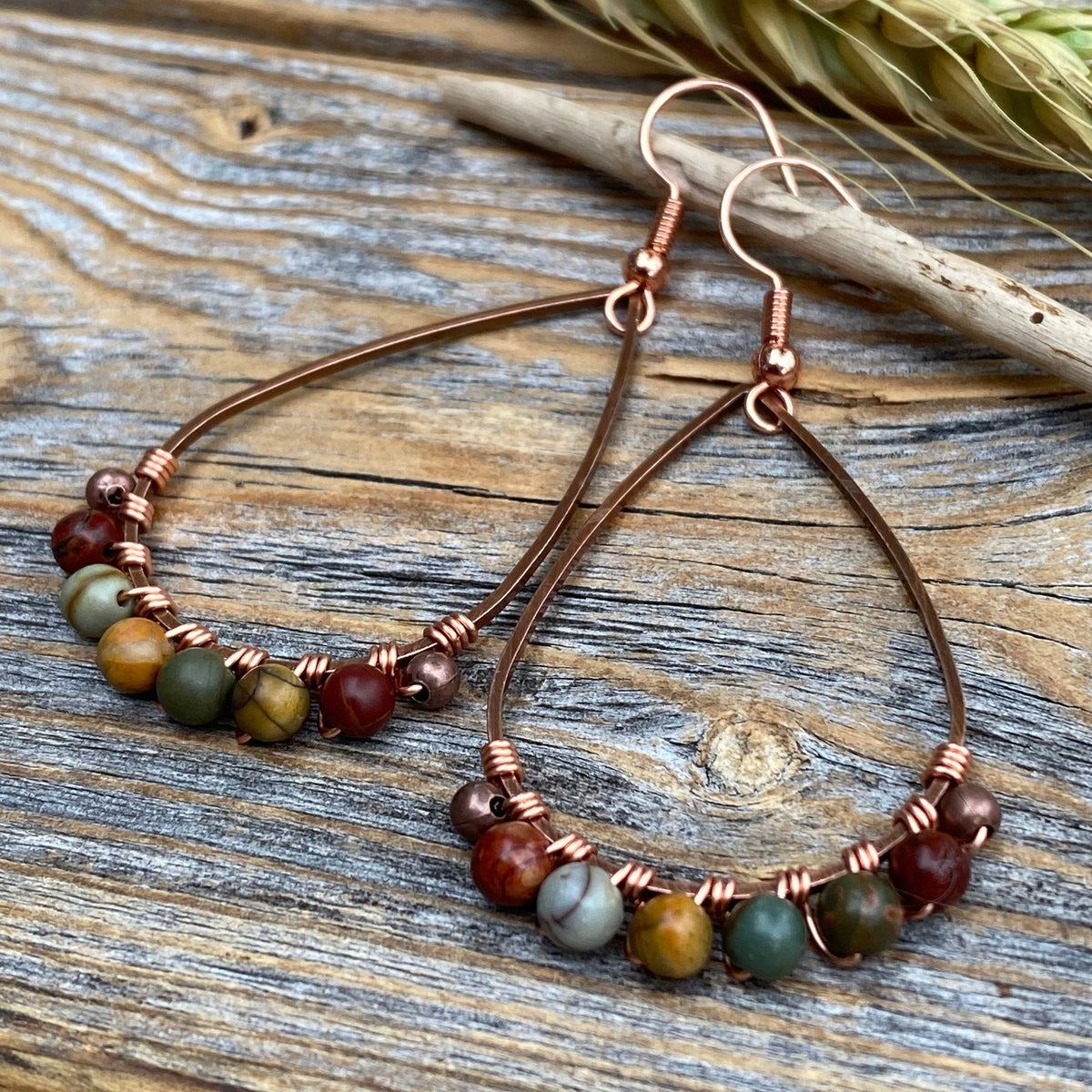 Red Creek Jasper Earrings – Copper Teardrop, Boho Wire Wrapped Jewelry
