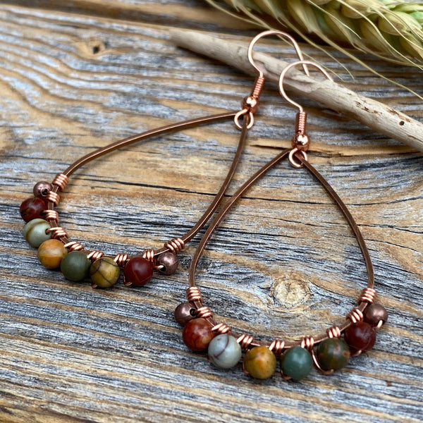 Red Creek Jasper Earrings – Copper Teardrop, Boho Wire Wrapped Jewelry