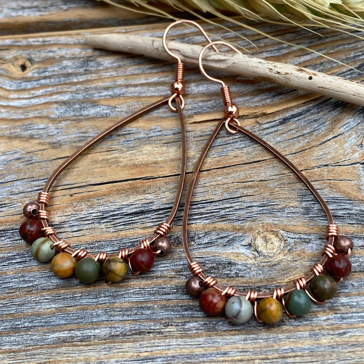 Red Creek Jasper Earrings – Copper Teardrop, Boho Wire Wrapped Jewelry
