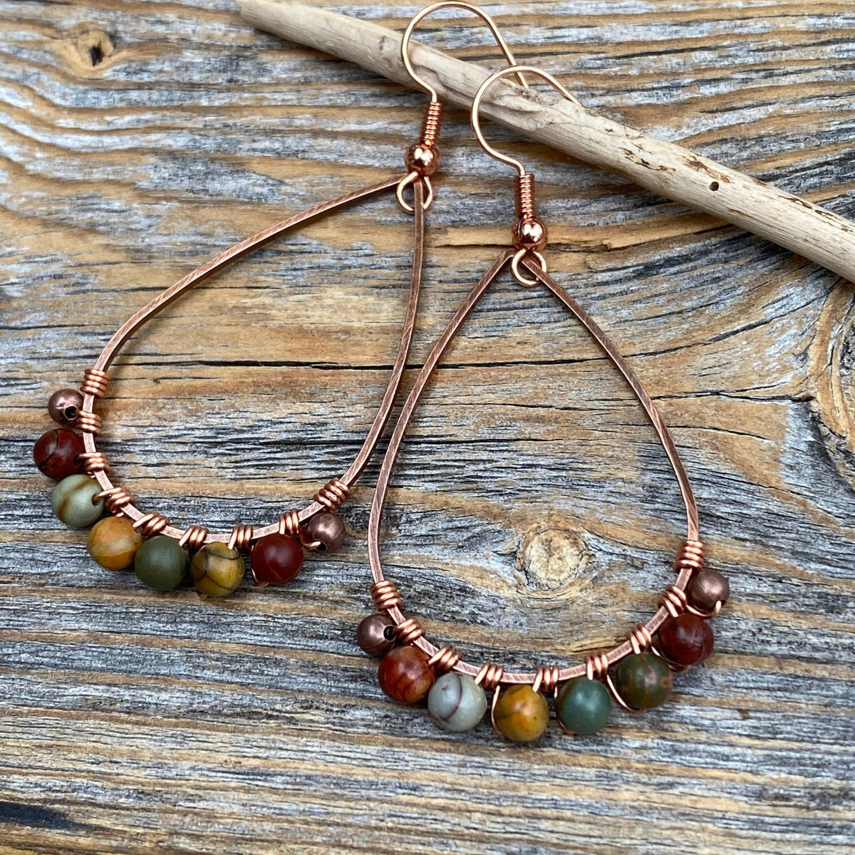 Red Creek Jasper Earrings – Copper Teardrop, Boho Wire Wrapped Jewelry