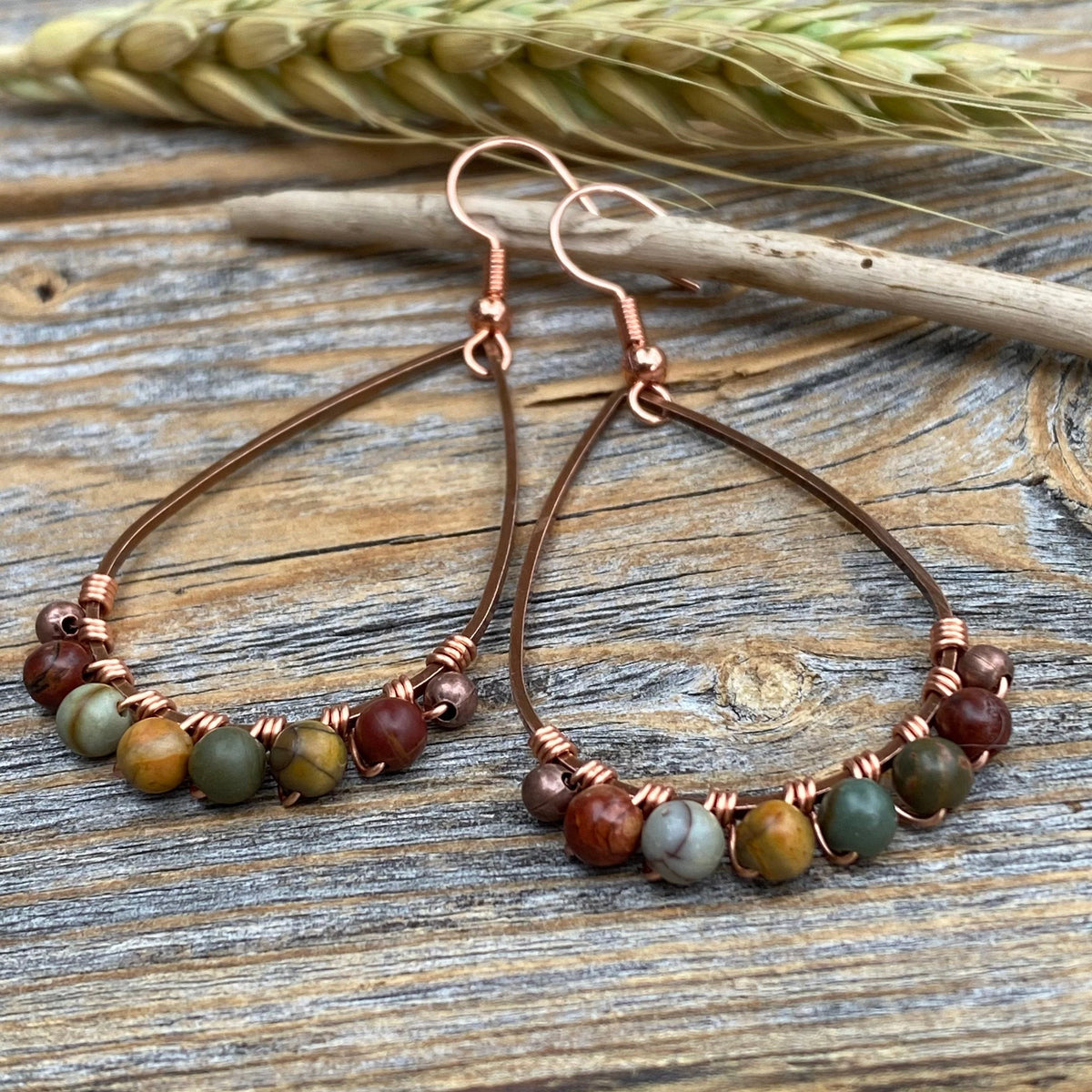 Red Creek Jasper Earrings – Copper Teardrop, Boho Wire Wrapped Jewelry