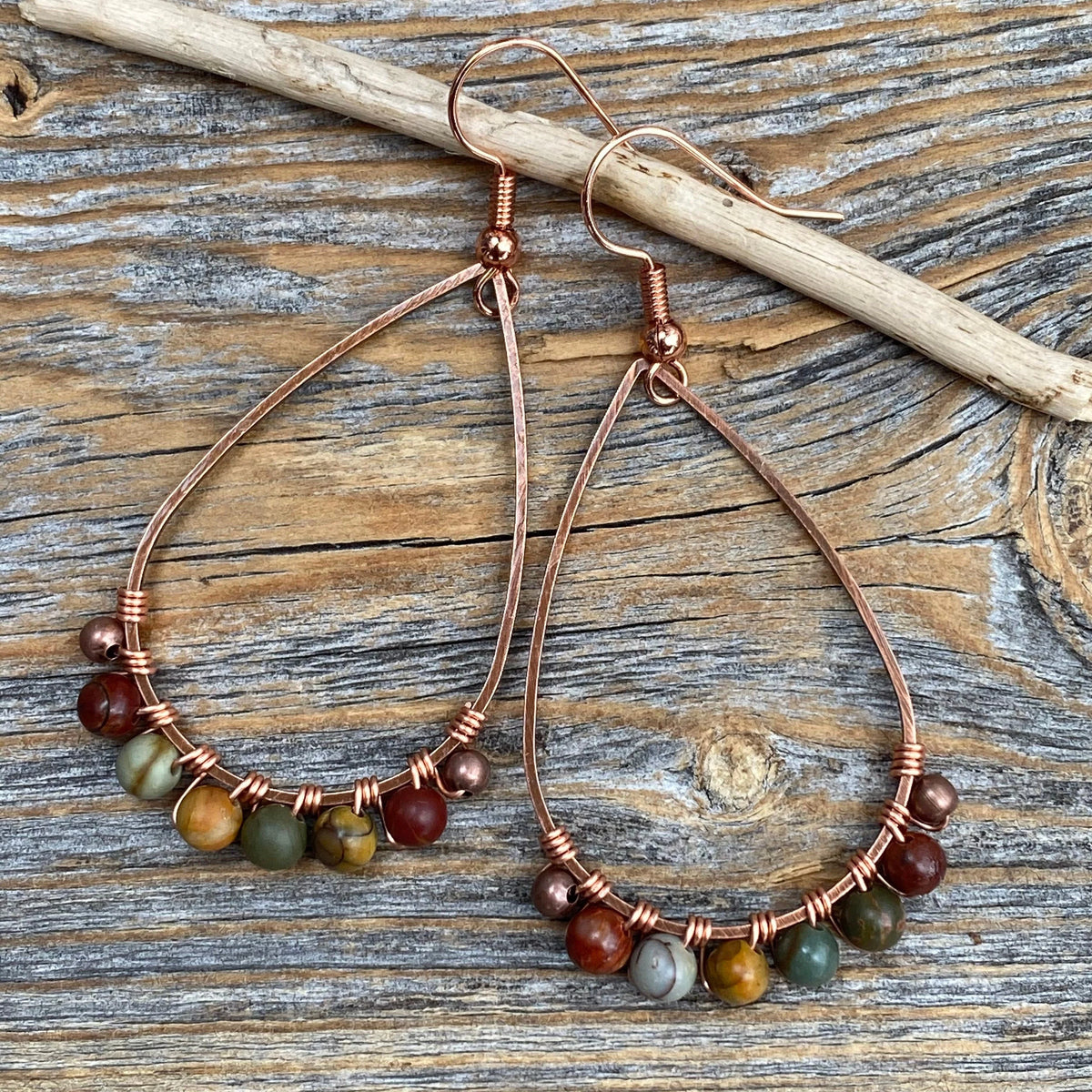 Red Creek Jasper Earrings – Copper Teardrop, Boho Wire Wrapped Jewelry