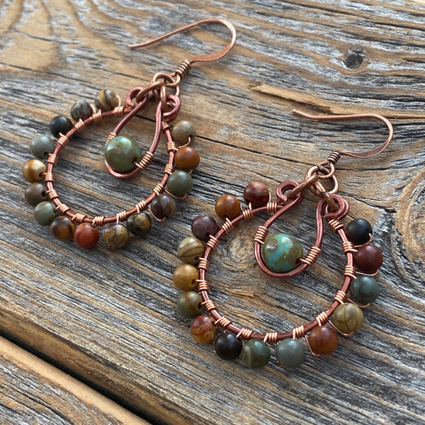 Red Creek Jasper Hoop Earrings | Copper Wire Wrapped Boho Dangles