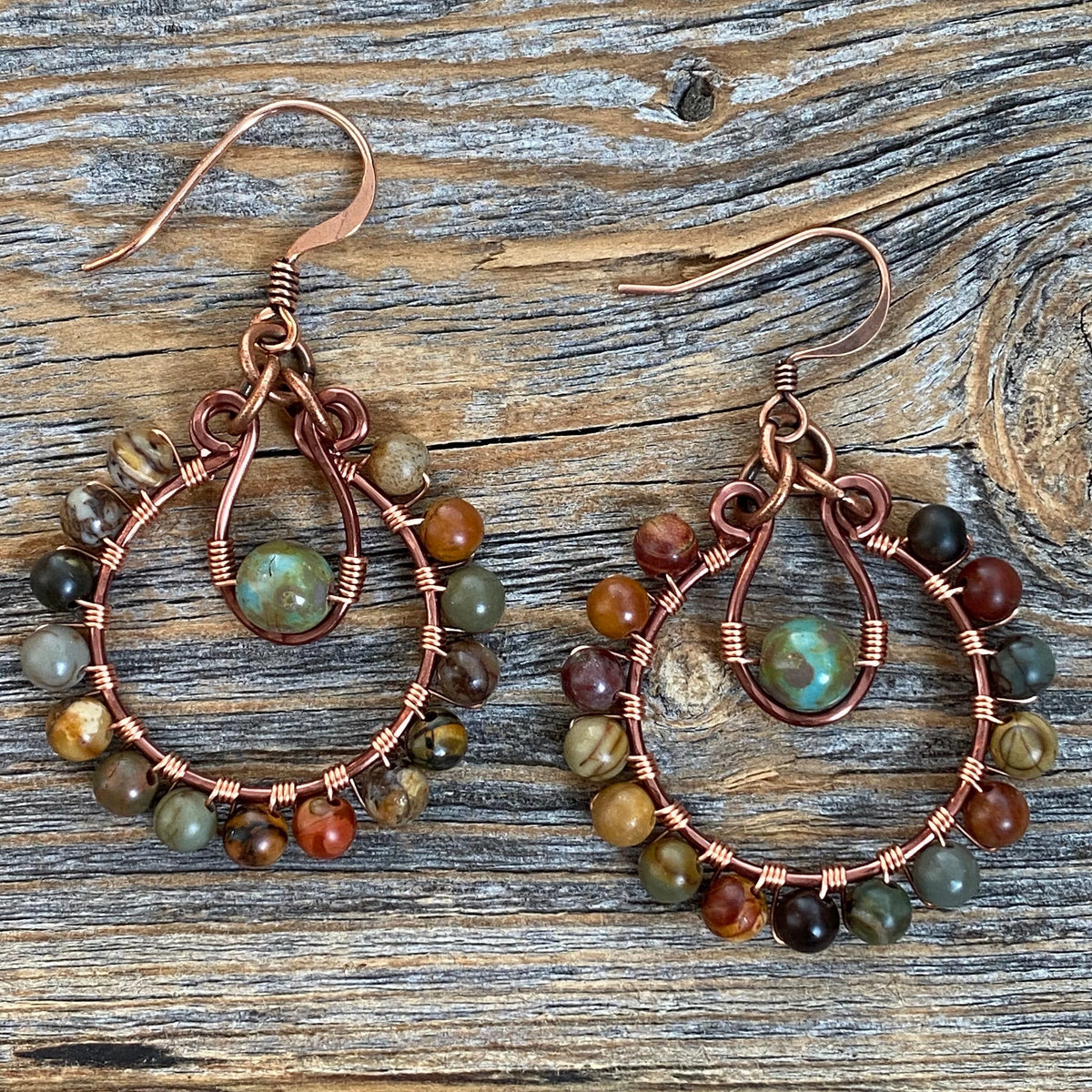 Red Creek Jasper Hoop Earrings | Copper Wire Wrapped Boho Dangles